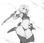  10mo 1girl bandaged_arm bandages bare_shoulders blush breasts commentary cropped_vest fate/apocrypha fate_(series) greyscale hair_between_eyes highres jack_the_ripper_(fate/apocrypha) knife monochrome navel panties ribs scar scar_across_eye scar_on_cheek scar_on_face short_hair shoulder_tattoo small_breasts tattoo thighhighs thighs underwear vest 