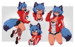  5_fingers anthro big_breasts black_body black_fur black_hair blue_body blue_fur blue_hair bottomwear brand_new_animal breasts brown_body brown_fur butt butt_pose canid canine cleavage clothed clothing collarbone conditional_dnp cute_fangs eyebrow_through_hair eyebrows eyelashes_visible_through_hair female fingers fluffy fluffy_tail footwear fur gesture green_eyes grey_background hair half-closed_eyes hoodie hotpants looking_at_viewer looking_back mammal michiru_kagemori multicolored_body multicolored_fur multicolored_hair narrowed_eyes open_mouth open_smile pose raccoon_dog red_clothing red_hoodie red_topwear shoes shorts simple_background smile smug sneakers solo studio_trigger tanuki teranen thick_thighs topwear translucent translucent_hair v_sign 