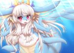  1girl :3 blue_fur blush breasts eyebrows_visible_through_hair fang furry furry_female head_fins highres horokusa_(korai) long_hair looking_at_viewer medium_breasts open_mouth original smile solo underwater white_fur white_hair 