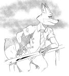 2017 anthro bottomwear canid canine clothed clothing disney fox hand_on_hip leaning looking_away male mammal necktie nick_wilde pants railing reagan700 shirt solo topwear zootopia 