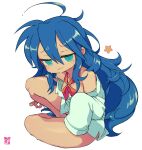  1girl :3 ahoge aqua_eyes areola_slip areolae artist_logo bangs bare_shoulders blue_hair bottomless breasts bright_pupils cleavage closed_mouth collarbone collared_shirt eyebrows_visible_through_hair furrowed_brow hair_between_eyes izumi_konata long_hair long_sleeves looking_at_viewer lucky_star medium_breasts messy_hair mole mole_on_breast mole_under_eye neckerchief no_bra off_shoulder partially_undressed red_neckerchief shirt sidelocks simple_background sitting sleeves_past_fingers sleeves_past_wrists solo star_(symbol) starmilk sweat transparent_background very_long_hair white_shirt yokozuwari 