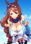  1girl :d animal_ears bare_shoulders bent_over blue_bow blue_eyes blue_legwear blue_sky bow braid breasts brown_hair cleavage clothing_cutout cloud commentary day deto diamond_cutout dress eyebrows_visible_through_hair eyes_visible_through_hair hair_bow hands_up highres horse_ears large_breasts long_hair looking_at_viewer low-tied_long_hair multicolored_hair open_mouth outdoors petals short_dress sky smile solo super_creek_(umamusume) thighhighs two-tone_hair umamusume very_long_hair white_hair wrist_cuffs 