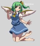  1girl :o ascot bangs bare_legs barefoot blue_skirt blue_vest blush breasts collared_shirt daiyousei eyebrows_visible_through_hair fairy_wings feet full_body green_eyes green_hair grey_background hair_ribbon highres legs_up one-hour_drawing_challenge open_mouth puffy_short_sleeves puffy_sleeves renshirenji ribbon shirt short_hair short_sleeves side_ponytail skirt small_breasts soles toe_scrunch toes touhou vest white_shirt wings yellow_ascot yellow_ribbon 