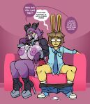  anthro belzenur bodily_fluids bottomwear bottomwear_down bovid breasts caprine clothed clothing cum dale_(ponehanon) dialogue english_text female genital_fluids goat hi_res hybrid lagomorph leporid male male/female mammal pants pants_down partially_clothed ponehanon rabbit text tongue 