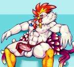  abs anthro avian balls bird bottomwear bottomwear_aside chicken clothing clothing_aside danji-isthmus erection galliform gallus_(genus) genitals gingitsune jewelry loincloth loincloth_aside looking_aside male mostly_nude necklace penis phasianid simple_background sitting solo 