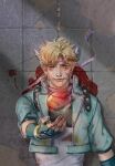  1boy battle_tendency blonde_hair blood blood_on_clothes blood_on_face bubble caesar_anthonio_zeppeli dated facial_mark feather_hair_ornament feathers fingerless_gloves gloves green_eyes green_jacket hair_ornament headband homil22 hydrokinesis jacket jojo_no_kimyou_na_bouken lying male_focus on_back puddle_of_blood smile solo tears water 