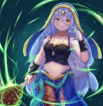  1girl alternate_costume asymmetrical_legwear azura_(fire_emblem) bare_shoulders blue_hair breasts brown_legwear capelet cleavage cowboy_shot detached_collar fire_emblem fire_emblem_fates fire_emblem_heroes green_background hair_tucking highres holding holding_weapon jewelry kutabireta_neko long_hair looking_at_viewer medium_breasts midriff navel necklace official_alternate_costume pantyhose see-through simple_background solo standing veil very_long_hair weapon yellow_eyes 