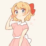  1girl blonde_hair blue_eyes blush bow dress eyebrows eyebrows_visible_through_hair flower looking_at_viewer mother_(game) mother_2 paula_(mother_2) pink_dress puffy_short_sleeves puffy_sleeves red_bow ribbon sanpaku shifumame short_sleeves simple_background smile solo upper_body white_ribbon 