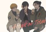  1girl 2boys :d armin_arlert black_hair blonde_hair boots brown_legwear casual coffee contemporary copyright_name cup disposable_cup drinking_straw eren_yeager green_jacket grey_eyes grey_jacket hair_between_eyes hand_up highres hood hoodie invisible_chair jacket knee_boots looking_at_another macaronk mikasa_ackerman multiple_boys pants red_scarf scarf shingeki_no_kyojin short_hair signature simple_background sitting smile white_background 