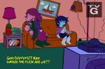  2021 anthro clothed clothing deltarune detailed_background dinosaur duo english_text hair hi_res human humor inside kris_(deltarune) kris_where_are_we lexsibbsky logo mammal meme profanity purple_body purple_hair reptile scalie style_parody subtitled susie_(deltarune) television text the_simpsons tv_remote undertale_(series) video_games 