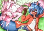  2girls animal_ears blue_hair blush brand_new_animal brown_fur closed_mouth eyebrows_visible_through_hair fang fang_out fox_ears fox_girl fox_tail furry furry_female green_eyes highres hiwatashi_nazuna horokusa_(korai) jacket kagemori_michiru looking_at_viewer multiple_girls navel open_mouth pink_fur pink_hair raccoon_ears raccoon_girl raccoon_tail red_eyes red_jacket shirt short_hair smile tail track_jacket white_fur white_shirt 