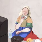 1girl bald blowing bottle closed_eyes controller dress fine_art_parody game_console grey_background head_scarf highres multicolored_clothes multicolored_dress nintendo_64 parody parted_lips plate simple_background sitting solo takeyasu510 television the_milkmaid water_bottle yokozuwari 