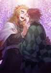  2boys bangs belt belt_buckle buckle buttons checkered_clothes clinging commentary_request crying earrings fingernails flower hand_on_another&#039;s_back hand_on_another&#039;s_face haori hatching_(texture) highres japanese_clothes jewelry kamado_tanjirou katana kimetsu_no_yaiba long_hair long_sleeves male_focus mismatched_eyebrows multicolored_hair multiple_boys open_mouth orange_hair parted_lips patterned patterned_clothing petals ponytail red_hair remsor076 rengoku_kyoujurou scabbard scar scar_on_face scar_on_forehead sheath sword tears thick_eyebrows tree turtleneck uniform weapon white_belt wide_sleeves wisteria 