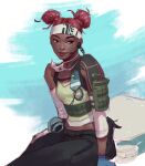  1girl apex_legends black_pants blue_gloves brown_eyes cloud dark-skinned_female dark_skin detached_sleeves double_bun english_commentary gloves green_tank_top headband headset highres jeremy_anninos lifeline_(apex_legends) looking_to_the_side pants red_hair sitting sketch sky smile solo tank_top white_headband 