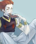  1boy armlet bare_shoulders bracelet card facial_mark hisoka_morow homil22 hunter_x_hunter jewelry licking male_focus pants playing_card red_hair sitting solo white_pants yellow_eyes 