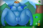  anthro anus big_breasts blue_body blue_nipples bodily_fluids breasts clothed clothing crown curvy_figure duo e-01 feet female fur genitals goo_creature goo_humanoid hi_res human humanoid humanoid_pred king_slime_(terraria) lagomorph larger_female larger_humanoid leporid mammal nipples not_furry nude outside pussy rabbit simple_background size_difference slime smaller_human spread_legs spreading terraria thick_thighs toes translucent translucent_body video_games 