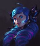  1girl bangs black_background black_bow blue_eyes blue_hair bow cowlick drill_hair eyebrows_behind_hair glowing gwen_(league_of_legends) hair_behind_ear hair_bow highres jeremy_anninos league_of_legends looking_at_viewer portrait smile solo twin_drills 