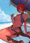  1girl absurdres arm_support armpit_crease au_ra bare_arms bare_legs bare_shoulders beach beach_umbrella bikini black_nails black_sclera blue_sky blurry bob_cut breasts breasts_apart cloud cloudy_sky collarbone colored_sclera commentary criss-cross_halter dark-skinned_female dark_skin day depth_of_field dragon_girl dragon_horns dragon_tail eyebrows_visible_through_hair eyelashes eyeshadow final_fantasy final_fantasy_xiv fingernails food groin hair_between_eyes halterneck hand_up highleg highleg_swimsuit highres holding holding_food horizon horns ice_cream large_breasts lips long_fingernails looking_at_viewer makeup nail_polish navel ocean outdoors palm_tree parted_lips pink_eyes pink_swimsuit red_hair sand scales shore short_hair sitting sky slit_pupils solo stomach swimsuit tail tree umbrella uni_(melm) wariza water 