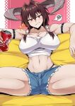  1girl breasts brown_hair cleavage coca-cola collarbone crop_top demon_girl demon_horns denim denim_shorts eyebrows_visible_through_hair fire hair_intakes highres horns large_breasts long_hair looking_at_viewer navel original parted_lips red_eyes shimure_(460) short_shorts shorts sitting solo speech_bubble spread_legs teeth 