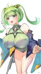  1girl :3 absurdres blush breasts eyebrows_visible_through_hair green_eyes green_hair highres huge_breasts jacket last_origin leotard lindwurm_(last_origin) long_hair looking_at_viewer open_mouth ribbed_leotard simple_background smile solo soranooekakiaka twintails white_background 