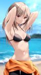  1girl armpits arms_up bangs bare_arms beach bikini bikini_top_only black_bikini blurry blurry_background bodysuit breasts brown_eyes cleavage closed_mouth collarbone day hair_between_eyes halterneck highres kiona_(giraffe_kiona) light_brown_hair long_hair looking_at_viewer medium_breasts navel original outdoors shiny shiny_hair smile solo straight_hair summer swimsuit wetsuit 