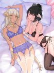  2girls absurdres arm_up armpits au_ra bangs bare_arms bare_shoulders black_bow black_bra black_garter_belt black_hair black_legwear black_panties blonde_hair blue_bra blue_garter_belt blue_panties blunt_bangs bow bow_bra bra breasts breasts_apart closed_mouth collarbone commentary cowboy_shot dark-skinned_female dark_skin dragon_girl dragon_horns dragon_tail eyebrows_visible_through_hair eyelashes eyeshadow final_fantasy final_fantasy_xiv fingernails frilled_bra frilled_garter_belt frills from_above garter_belt green_eyes green_nails hair_bow head_rest high_ponytail highres horns legs_together long_fingernails long_hair looking_at_viewer looking_to_the_side lying makeup medium_breasts medium_hair midriff_peek mole mole_on_breast multiple_girls nail_polish navel on_back on_bed on_side panties parted_bangs parted_lips pillow scales side-tie_panties slit_pupils smile stomach straight_hair string_panties tail thigh_gap thighhighs underwear uni_(melm) white_bow white_horns white_legwear yellow_eyes 