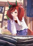  1girl animal_ears artist_name blush brown_hair closed_mouth eyebrows_visible_through_hair fish food highres horse_ears horse_girl horse_tail ikuno_dictus_(umamusume) long_sleeves matikane_tannhauser_(umamusume) medium_hair nice_nature_(umamusume) red_hair shirt signature solo spring_onion tail trapiorra two_side_up umamusume vegetable white_shirt yellow_eyes 