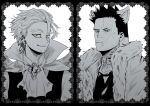  2boys 2elu2 alternate_universe animal_collar animal_ears ascot beard blue_eyes boku_no_hero_academia brooch burn_scar cape collar column_lineup ear_piercing earrings endeavor_(boku_no_hero_academia) facial_hair facial_mark fang feathered_wings framed fur-trimmed_jacket fur_trim furrowed_brow goatee greyscale hawks_(boku_no_hero_academia) high_collar highres jacket jewelry long_bangs looking_at_viewer male_focus monochrome multiple_boys multiple_piercings mustache piercing scar scar_across_eye scar_on_cheek scar_on_face scar_on_mouth seductive_smile serious short_hair sideburns smile spiked_hair spot_color stud_earrings sweatdrop therianthrope vampire vest white_background wings yellow_eyes 
