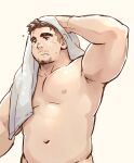  1boy armpits bara beard brown_hair facial_hair male_focus mature_male muscular muscular_male navel original plump short_hair solo suv towel 