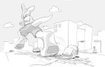  2022 3_toes anthro barefoot building car clothed clothing cloud destruction feet jogging kangaroo macro macropod male mammal marsupial monochrome pawpads paws soles solo_focus toes vehicle vexyvoo 