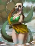  5_fingers anthro blue_eyes breasts brown_body brown_fur clothed clothing dragon eri-yo female fingers fur furred_dragon hi_res looking_at_viewer non-mammal_breasts partially_submerged smile solo white_body white_fur 