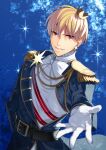  1boy blonde_hair commentary_request crown earrings fate/grand_order fate/stay_night fate_(series) gilgamesh_(fate) gloves halloween_royalty jewelry looking_at_viewer male_focus open_mouth red_eyes rkp short_hair smile solo white_gloves 