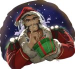  1boy bara black_hair christmas daikoku_(housamo) gift highres male_focus mature_male muscular muscular_male red_eyes riner_(rinerr_r) smile solo tokyo_afterschool_summoners white_hair 