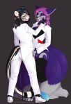  2022 5_fingers anthro breasts cheetah clothed clothing digital_media_(artwork) dragon duo eyebrows eyelashes felid feline female fingers hair hi_res hybrid male mammal monstercheetah purple_hair smile 