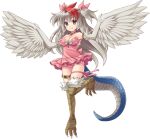  1girl armlet artist_request bird_legs bow breasts cleavage dress feathered_wings full_body grey_eyes grey_hair hair_bow harpy kuune_(monster_musume) lizard_tail long_hair medium_breasts monster_girl monster_musume_no_iru_nichijou monster_musume_no_iru_nichijou_online multicolored_hair official_art panties pink_bow pink_dress pink_panties red_hair smile solo tail talons thighlet transparent_background two-tone_hair underwear white_feathers white_wings winged_arms wings 
