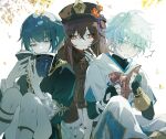  1girl 2boys :3 bangs blue_hair blush book brown_hair chinese_commentary chongyun_(genshin_impact) flower flower-shaped_pupils genshin_impact hair_between_eyes hat hat_flower highres holding holding_book hu_tao_(genshin_impact) jewelry leaf light_blue_eyes light_blue_hair long_hair manga_(object) multiple_boys multiple_rings plum_blossoms red_eyes red_flower ring shemika98425261 shorts simple_background sitting smile symbol-shaped_pupils tassel white_background xingqiu_(genshin_impact) yellow_eyes 