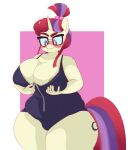  absurd_res anthro anthrofied big_breasts bipe blush breasts cleavage clothed clothing equid equine eyewear female freezietype friendship_is_magic glasses hair hi_res holding_breast horn mammal moondancer_(mlp) multicolored_hair my_little_pony solo standing thick_thighs unicorn 