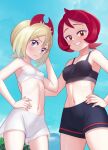  2girls absurdres alternate_costume arezu_(pokemon) bangs bare_arms black_shorts blonde_hair blue_eyes blush breasts closed_mouth collarbone commentary_request cowlick day eyelashes from_below frown gazing_eye grin hair_between_eyes hairband hand_on_hip hand_up highres irida_(pokemon) looking_at_viewer midriff multiple_girls navel outdoors pokemon pokemon_(game) pokemon_legends:_arceus red_hair red_hairband shorts sky smile teeth white_shorts 