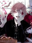  1boy ace_trappola hands_on_own_cheeks hands_on_own_face happy_birthday head_rest heart highres looking_at_viewer one_eye_closed pale_skin potion red_eyes red_hair shino_(shino-xx) solo twisted_wonderland 
