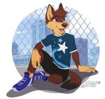  anthro canid canine clothed clothing footwear fox male mammal multicolored_body shoes smile solo 