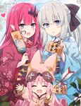  3girls arrow_(projectile) blue_eyes blue_kimono blush cernunnos_(fate) closed_eyes commentary ema fairy_knight_tristan_(fate) fate/grand_order fate_(series) grey_hair habetrot_(fate) hair_ribbon hamaya heart highres japanese_clothes kimono long_hair minigirl morgan_le_fay_(fate) multiple_girls new_year open_mouth pink_hair pink_kimono pointy_ears purple_eyes ribbon rioshi saint_quartz_(fate) waving 