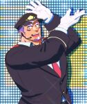  1boy bara dancing formal gloves highres live_a_hero male_focus mature_male microphone muscular muscular_male necktie purple_eyes shaft_(live_a_hero) smile solo suit yakisoba_ohmori 