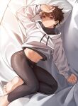  1boy bare_legs barefoot brown_hair bulge commentary_request erection erection_under_clothes hands_on_own_head highres hood hoodie leotard long_sleeves male_focus midriff_peek original purple_eyes r-744 solo teenage tight 