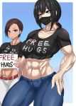  abs black_skirt clothes_writing dark_skin denim english_text freckles free_hugs highres holding holding_sign jeans long_hair mask muscular muscular_female navel original pants shirt short_hair sign skirt standing zokusuke 