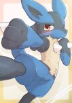 2022 3_fingers action_pose anthro blue_body blue_fur blush chest_spike featureless_crotch fingers fur grey_body grey_fur hand_spike hi_res kemono looking_at_viewer lucario male multicolored_body multicolored_fur nintendo pok&eacute;mon pok&eacute;mon_(species) popkage pose red_eyes solo spikes spikes_(anatomy) tan_body tan_fur video_games 