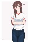  absurdres bad_id bad_pixiv_id blue_pants blush braid breasts brown_eyes brown_hair crossed_arms eyebrows_visible_through_hair fa_kun18 frown highres kanojo_okarishimasu long_hair medium_breasts mizuhara_chizuru pants shirt sweatpants white_shirt 