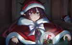  1girl absurdres blue_eyes blush bow capelet chromatic_aberration frown fur_trim hat heterochromia highres hololive hololive_english irys_(hololive) jan_azure looking_down meme pointy_ears pondering_my_orb_(meme) purple_eyes red_capelet red_headwear santa_hat sitting snow_globe solo tolkien&#039;s_legendarium virtual_youtuber white_bow 