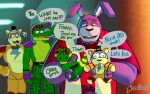  2022 ?! absurd_res alligator alligatorid animatronic anthro belt blush bodily_fluids bottomwear bow_tie bruh caught clothed clothing crocodilian dialogue english_text eyebrows eyewear eyewear_on_head facial_markings fingerless_gloves five_nights_at_freddy&#039;s five_nights_at_freddy&#039;s:_security_breach glamrock_bonnie_(fnaf) glamrock_freddy_(fnaf) glass0milk gloves group hair hands_on_hips handwear hat head_markings headgear headwear hi_res holding_object holding_plushie humor inside lagomorph leporid machine male mammal markings mohawk montgomery_gator_(fnaf) muscular muscular_anthro muscular_male narrowed_eyes open_mouth open_smile pants plushie profanity rabbit reptile robot scalie scottgames shirt shoulder_pads signature smile standing sunglasses sunglasses_on_head sweat sweatdrop teeth text tongue top_hat topless topless_anthro topless_male topwear trio ursid video_games 