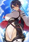  1girl arm_behind_back azur_lane bangs blue_sky blush breasts cameltoe cape cloud covered_navel cross_hair_ornament crossed_bangs day epaulettes eyebrows_visible_through_hair foch_(azur_lane) from_below groin hair_between_eyes hair_ornament hand_up highleg highleg_leotard large_breasts leotard long_sleeves looking_down outdoors parted_lips raised_eyebrows sky solo sparkle_hair_ornament sweat thighhighs white_leotard xe_(execut3r) 