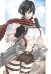  1girl abs alternate_eye_color belt biceps black_gloves black_hair blue_sky brown_skirt closed_mouth cloud cowboy_shot day fingerless_gloves gloves grey_eyes hair_between_eyes highres looking_at_viewer mikasa_ackerman mountain muscular muscular_female outdoors pink_lips pouty_lips red_scarf scarf serious shingeki_no_kyojin shiny shiny_hair shiny_skin shirt short_hair skirt sky solo stormyorha strap thighs three-dimensional_maneuver_gear torn_clothes torn_shirt torn_skirt white_shirt wind 